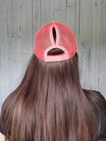 CC Distressed Ponytail Ball Cap / Coral