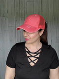 CC Distressed Ponytail Ball Cap / Coral