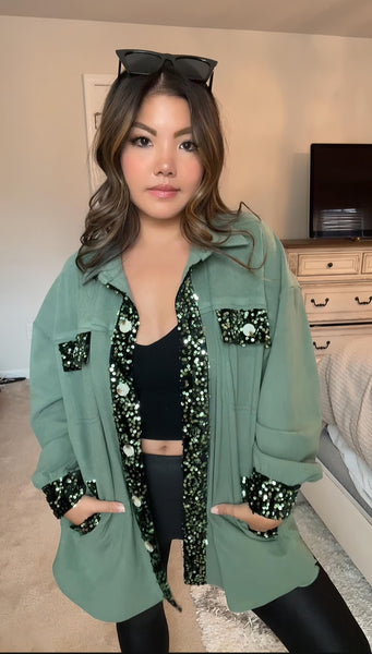 Bella Suede Sequin Button Up / Hunter Green