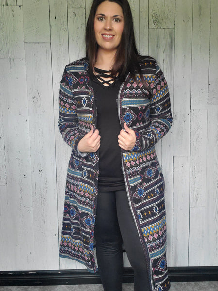 Model is wearing Aztec cardigan 