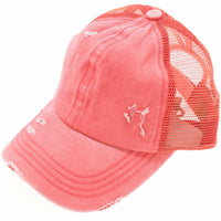 CC Distressed Ponytail Ball Cap / Coral