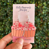 Cupcake & Hearts Layered Acrylic Dangle Earrings /  Pink