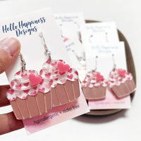 Cupcake & Hearts Layered Acrylic Dangle Earrings /  Pink