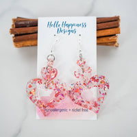 Glitter Flake Royal Heart Drop Dangles / Rose Pink